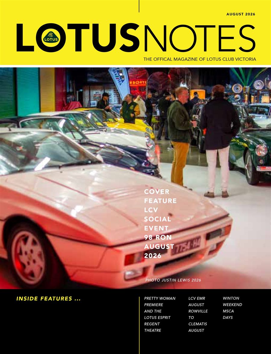 Lotus Notes August 2026 cover, the official magazine of Lotus Club Victoria
