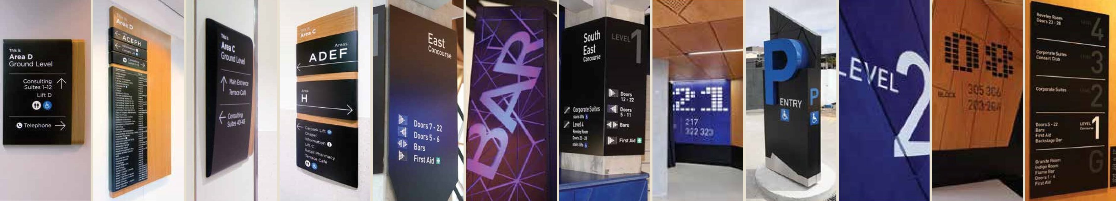 Wayfinding signs at Cabrini Hospital, Melbourne, and directional, level and concourse signage at Perth Arena